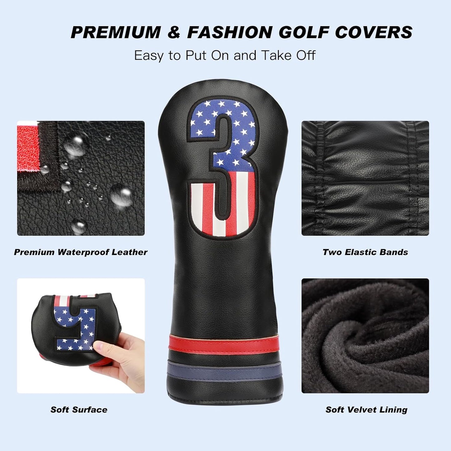 Golf Head Covers, 4pcs or 1pc USA Stars and Stripes Golf Club Covers for Woods and Driver Fairway Hybrid, PU Leather Golf Club Head Covers for Men Women with Interchangeable Tags, Fits Most Golf Clubs