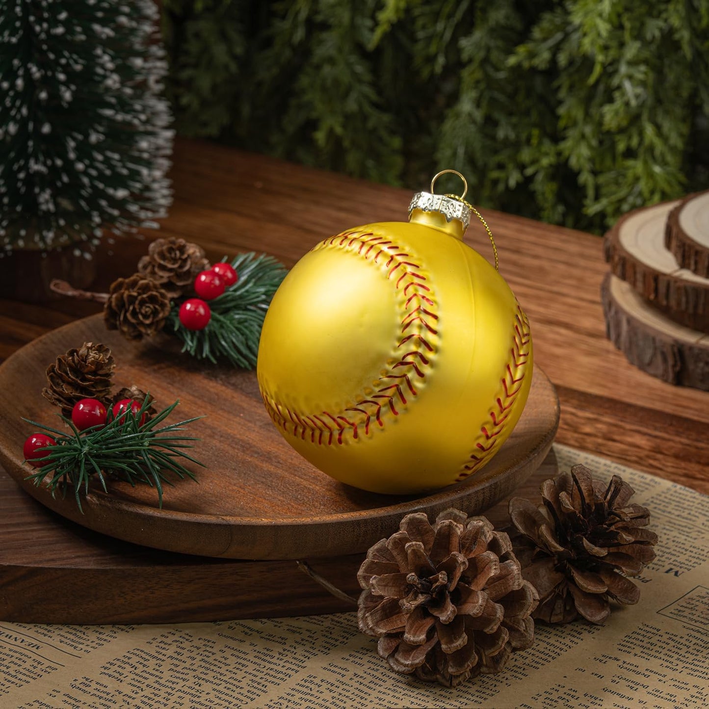 3.15” Christmas Softball Glass Blown Ornament, 2025 Hand-Painted Sports Ball Decoration for Xmas Tree Holiday Decor Gifts