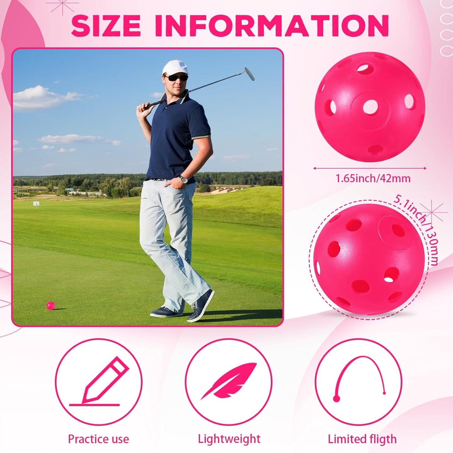 24 Pack Practice Golf Balls 42 mm Limited Flight Plastic Golf Training Airflow Hollow Ball for Driving Range Swing Practice Backyard Indoor Outdoor Home