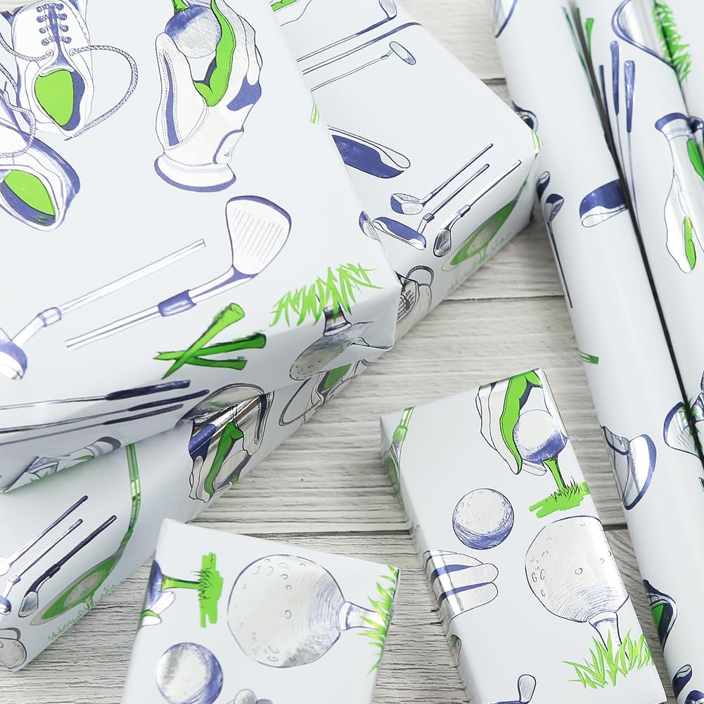 Lets go Golfing Golf Ball Holographic Aluminized Foil Wrapping Paper - 1 Mini Roll 17 X 10 ft Per roll 14.1 sq.ft.ttl - For Dad Men Golfer Boys Girls Birthday Sports Club Happy Father's Day Gift Wrap