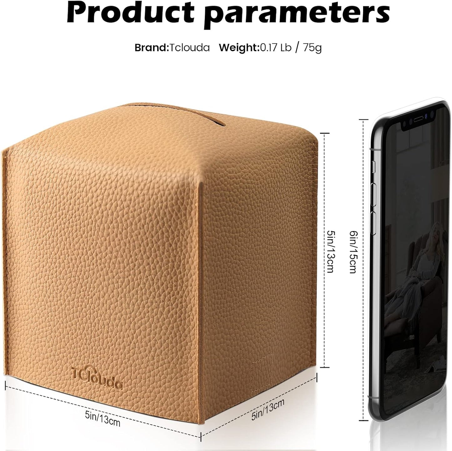Tissue Box Cover, Tclouda, Modern PU Leather Square Tissue Box Holder for Creative Decorative, Ideal for Bathrooms/Office/Car/Nightstand/Outdoor Tent/Dining Table, 5"X5"X5", Single Claybank