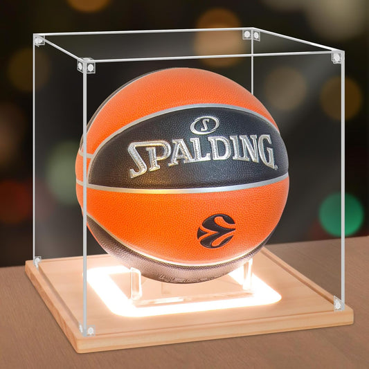 NONEMEY Basketball Display Case with Light, UV Protected Acrylic Basketball Box Full Size with Wood Base, Basketball Display for Autographed Ball Memorabilia Basketball Gifts