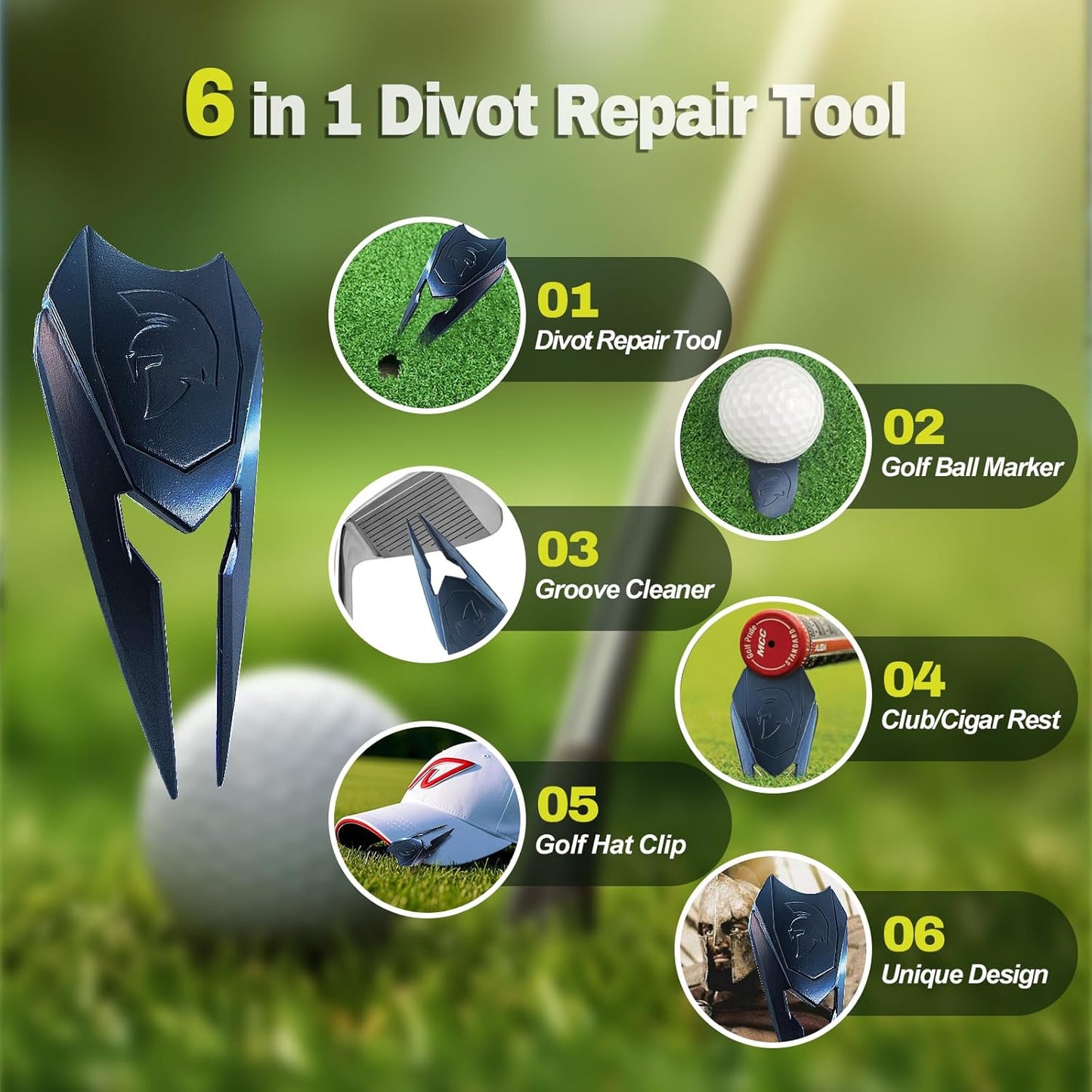 Spartan Helmet Golf Divot Tool with Magnetic Ball Marker & Belt Clip, Solid Metal Golf Accessory, Unique Design Gift for Golfers