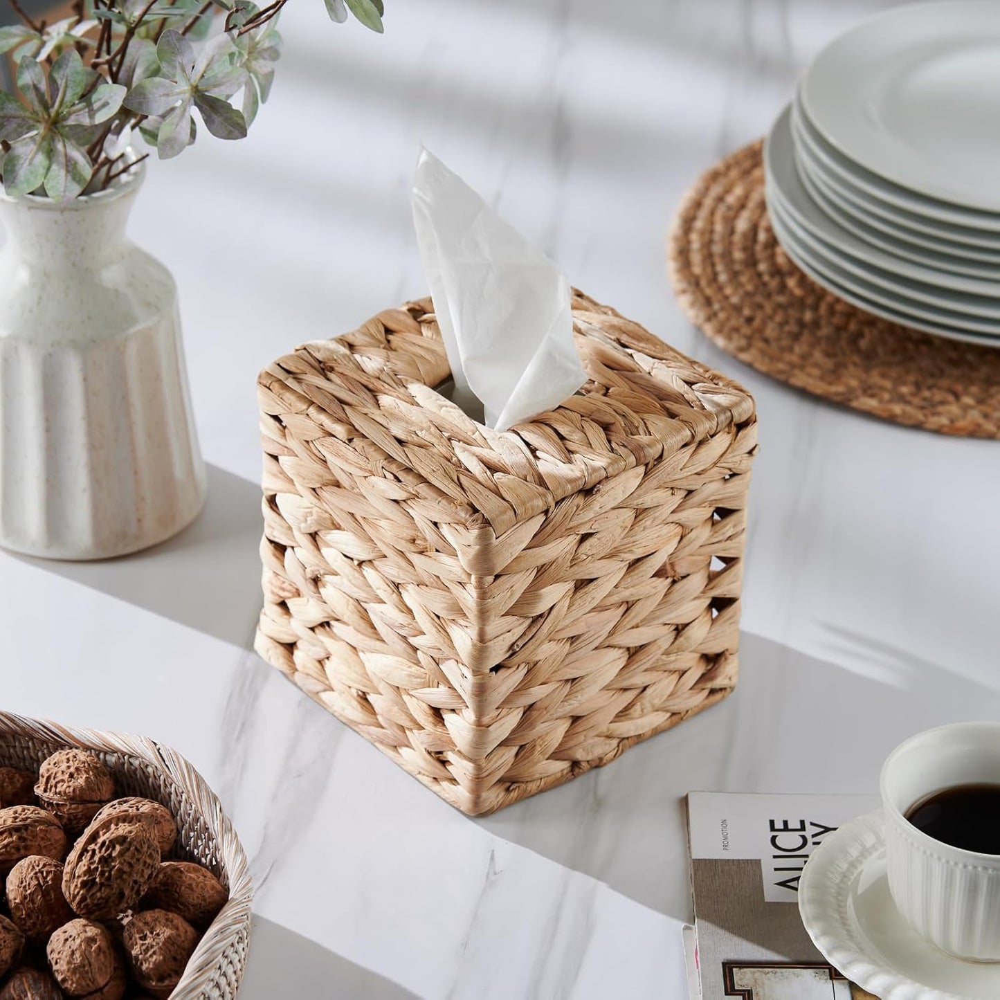 Tissue Box Cover Square, Rattan Tissue Box Holder -Boho Decorative Woven Facial Tissue Holder on Table and Bathroom by YANGQIHOME, 5.9" L x 5.9" W x 5.9" H