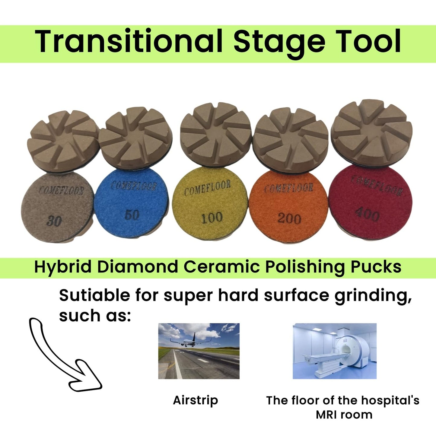 Hybrid Diamond Ceramic Polishing Pucks, Aggressive Concrete Terrazzo Floor Hook n Loop Grinding Pads, 3 Inch Long Using Life Transitional Discs,400# 9PCS