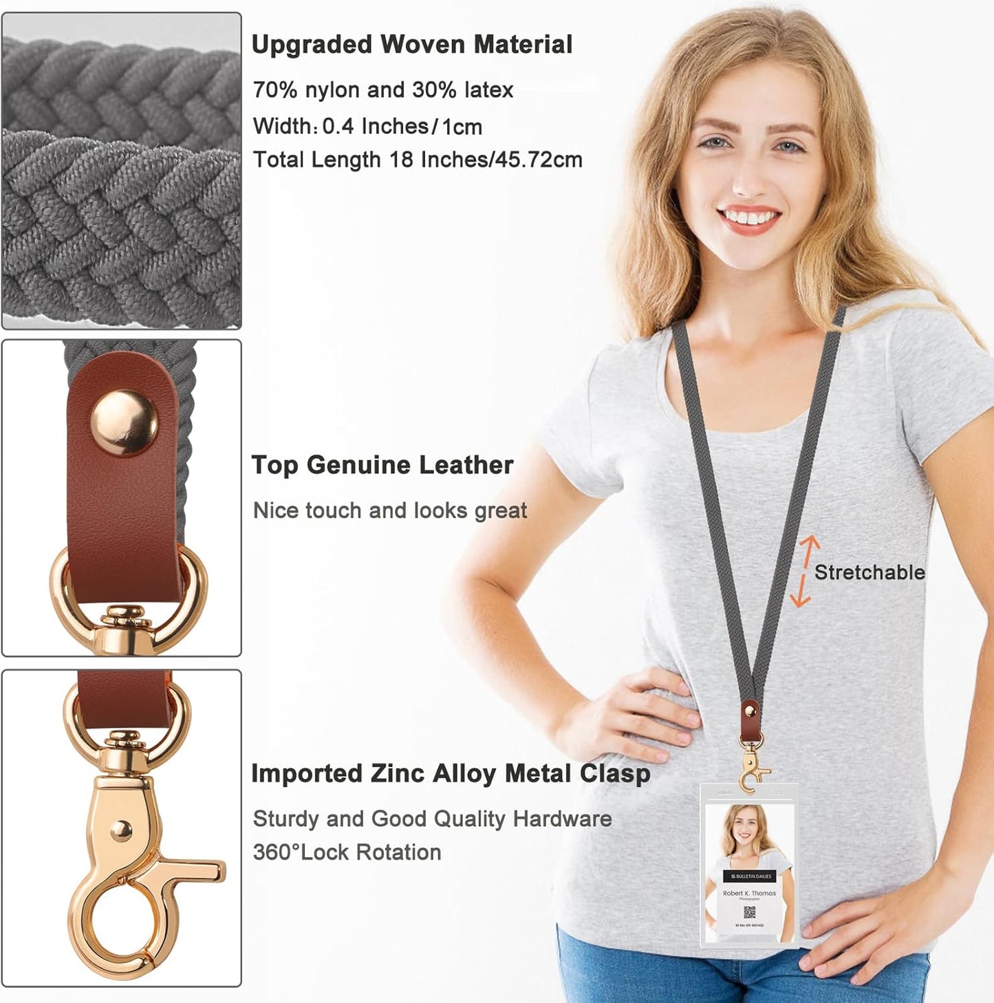 Fishent Stretchy Thin Lanyards for Keys ID Badges, Cute Long Teacher Neck Key Lanyard Keychains for Women Men Wallet Phone(Space Gray)