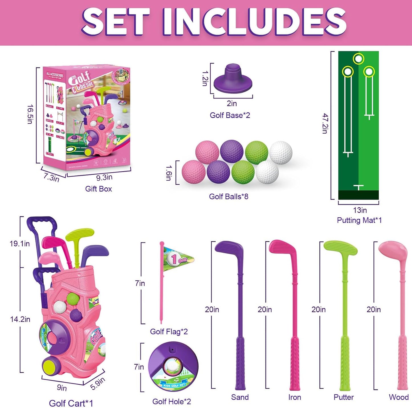 Letapapa Toddler Golf Set with Putting Mat, 4 Clubs, 8 Balls, 2 Practice Holes for Kids 3-5 Years Old, Indoor Outdoor Sports Toys with Shoulder Strap, 20 Pieces