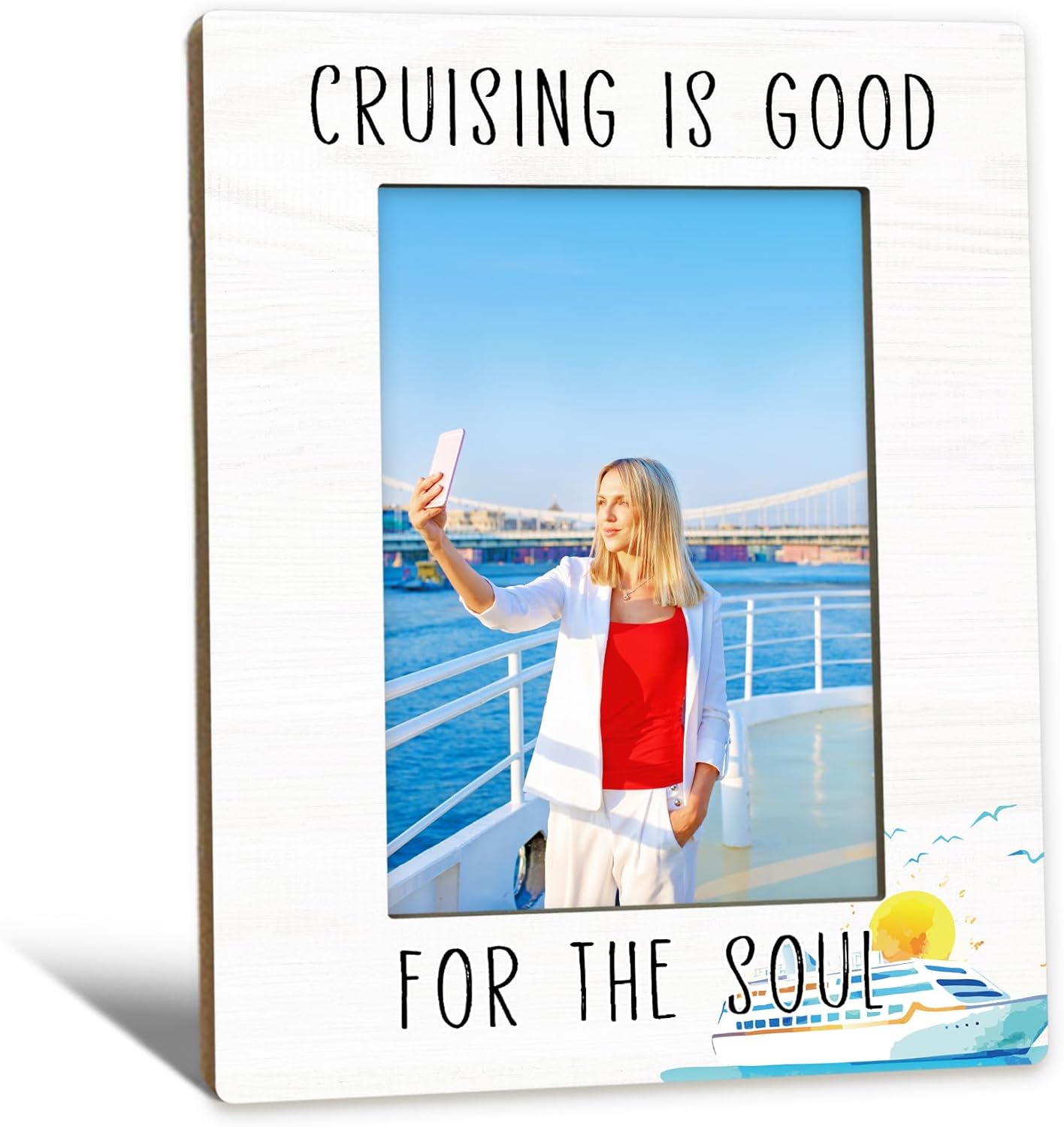 Cruise Gifts Picture Frame 5x7, Cruising Holiday Decor Photo Frame, Beach Travel PictureFrame for Friends, Cruising is Good for the Soul Wooden Picture Photo Frames for Desk Home Room Decor