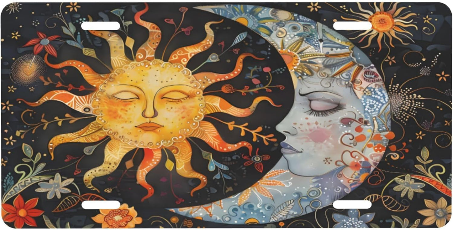 Sun Moon Abstract License Plate Funny Aluminum Front License Plates Decorative Waterproof Rust-Free Metal Car Plate Covers for Women Men Car Tag Accessories fit Truck SUV Rv 12 X 6 Inch