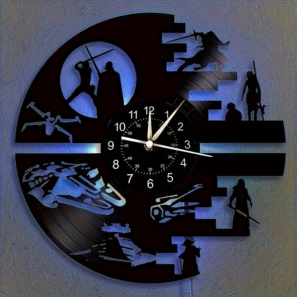Decorative Vinyl Wall Clock with 12 Inches，Star Science Fiction Film Themed Clocks, Vinyl Records Wall Clock, LED Light Wall Decor, Unique Birthday Gifts for Men,Kids