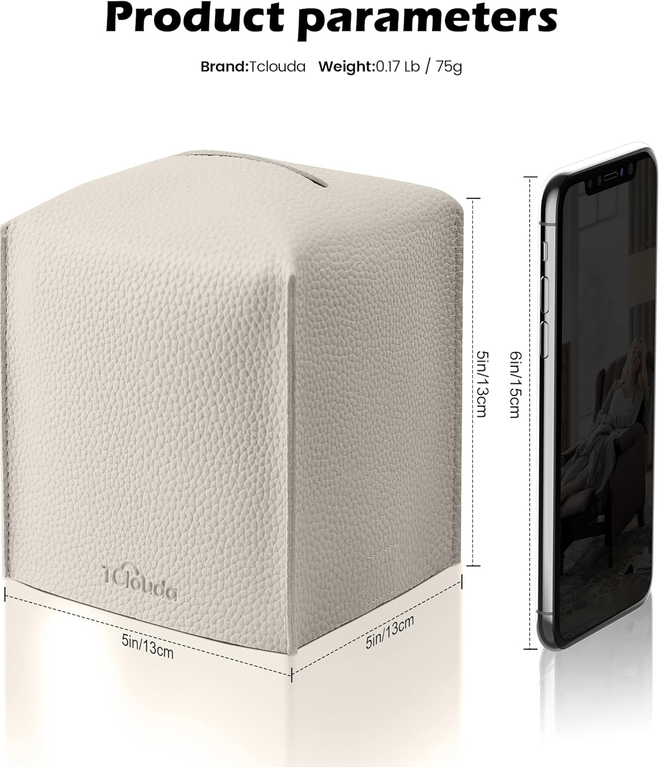 Tissue Box Cover for PU Leather, Modern Simple Solid Color Holder Square Tissue Bag, Ideal for Bathrooms,Office,Car,Outdoor Tent,Dining Table,5"X5"X5", Single Off-White