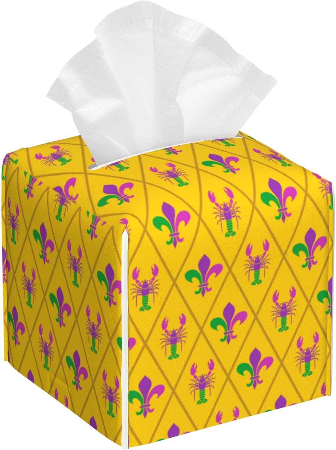 Tissue Box Cover Holder, Mardi Gras Crayfish and Fleur De Lis PU Leather Square Tissue Box Cover Decorative Organizer for Bathroom Kitchen Bedroom Vanity Countertop Night Stands