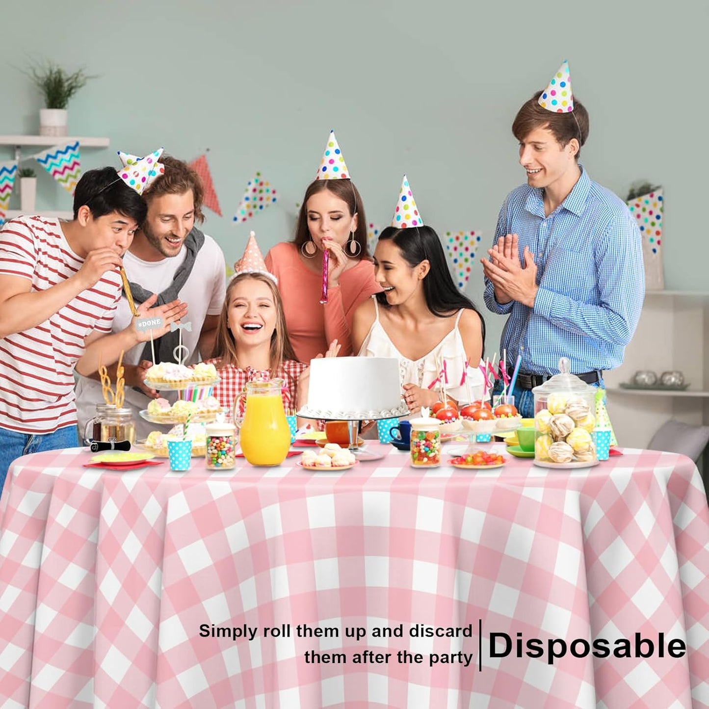 6 Pack Pink and White Checkered Tablecloth, Round Pink Gingham Plastic Table Cloths for Parties Disposable, 84x84 in Waterproof Camping Tablecloth for Birthday Party Baby Shower Picnic School