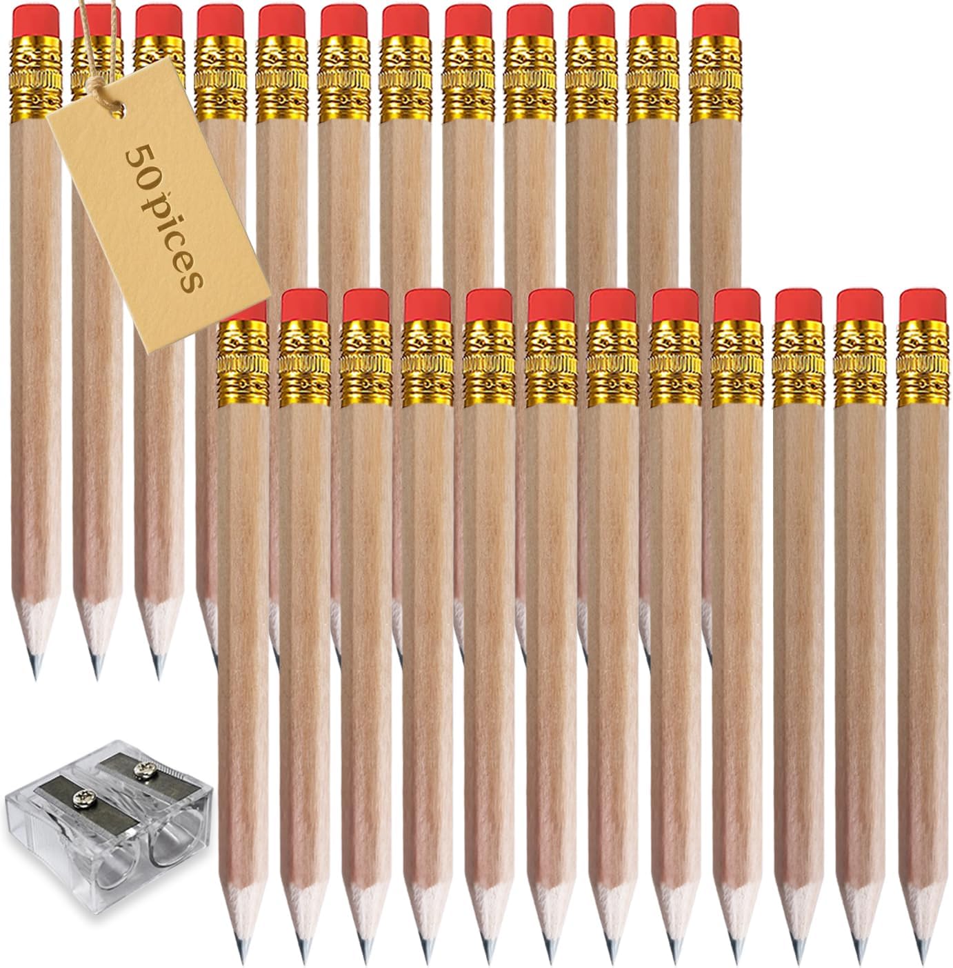 Adhere 50pcs Golf Pencils with Eraser Hexagon Wooden half Pencils Graphite 2B for Golf Event Scoring, Classroom, Wedding, Pew, Pocket | Free Pencil Sharpener (z-Nature・Hexagon・50pcs)