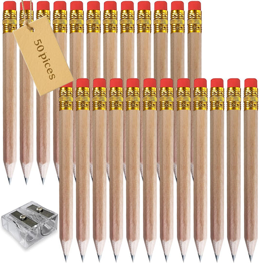 Adhere 50pcs Golf Pencils with Eraser Hexagon Wooden half Pencils Graphite 2B for Golf Event Scoring, Classroom, Wedding, Pew, Pocket | Free Pencil Sharpener (z-Nature・Hexagon・50pcs)