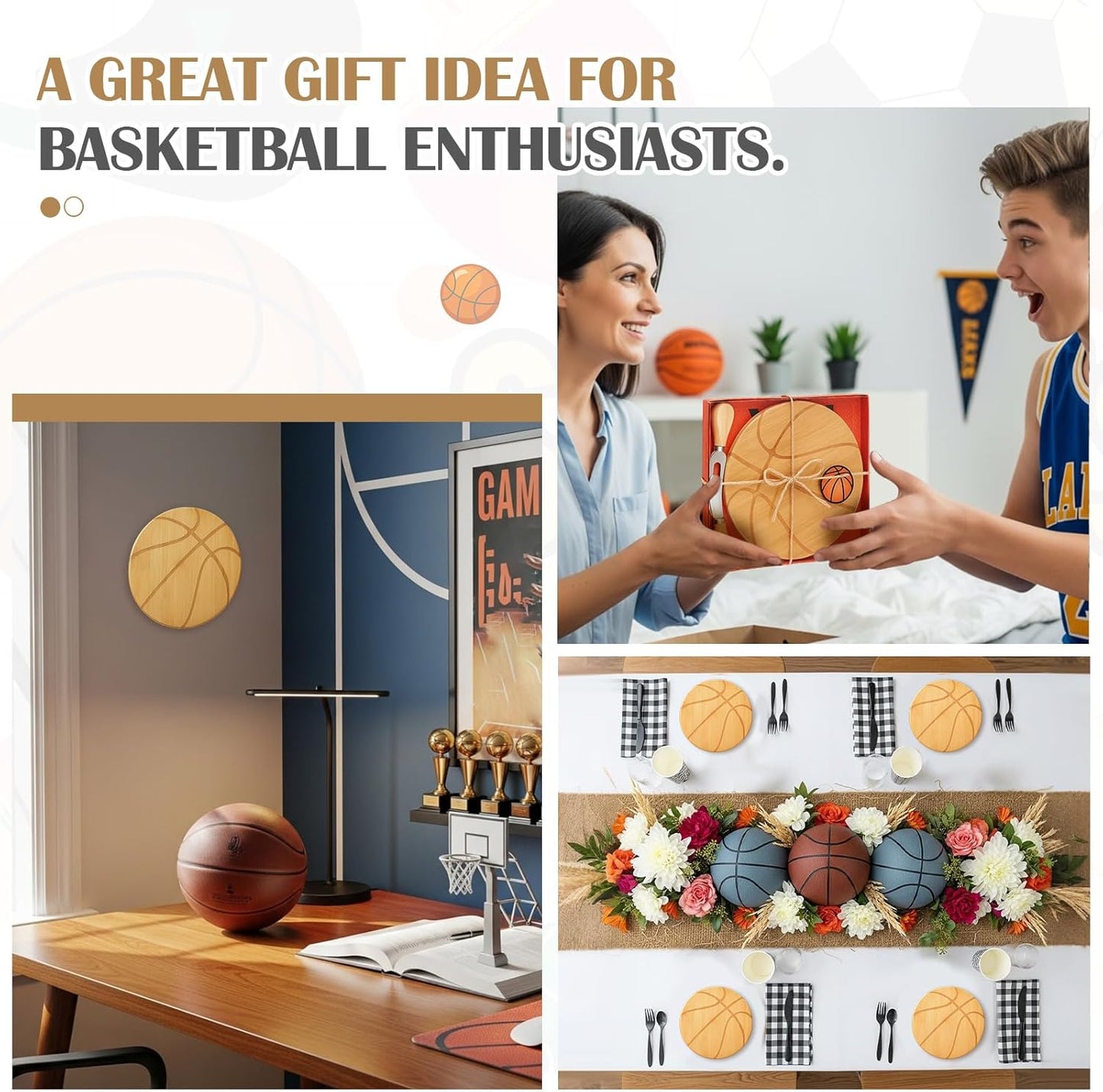 Basketball Cheese Board Gift Set Party Favor Prizes Charcuterie Wood Board with Knives and Box Father Day Gift for Dad Grandpa Party Tournament Game(7.9"x 7.9", Bamboo Color)