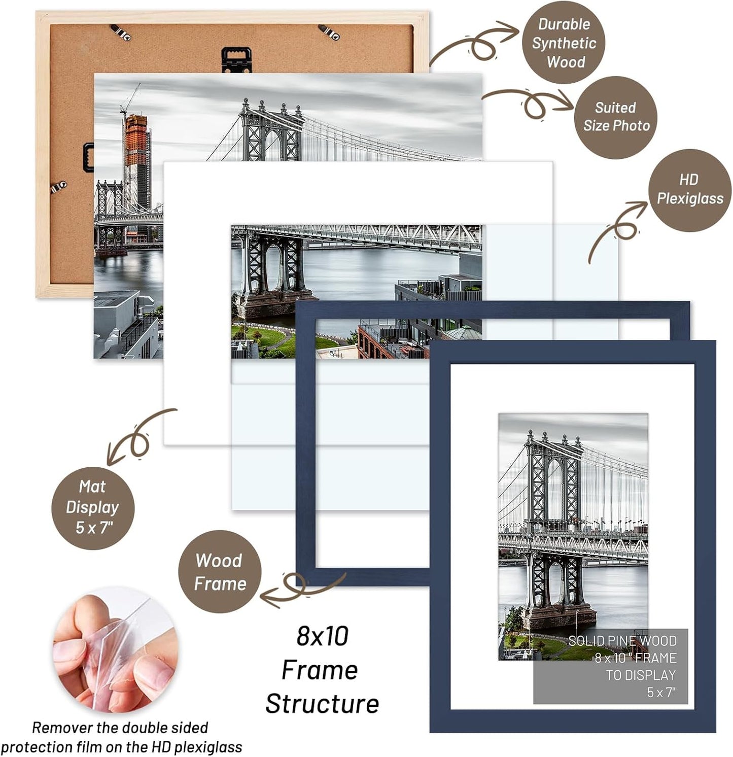 8x10 Picture Frames Solid Wood Display Pictures 5x7 With Mat or 8x10 Without Mat for Wall Mounting or Table Top (Jazz Blue)