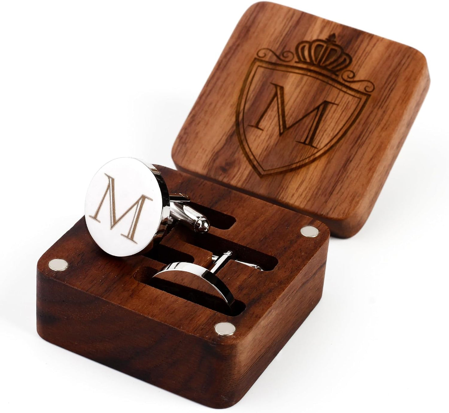 Mens Initial Silver Cufflinks A-Z Alphabet Letter Steel Cuff Links with Engraved Walnut Wood Box Groom Groomsman Wedding Set…