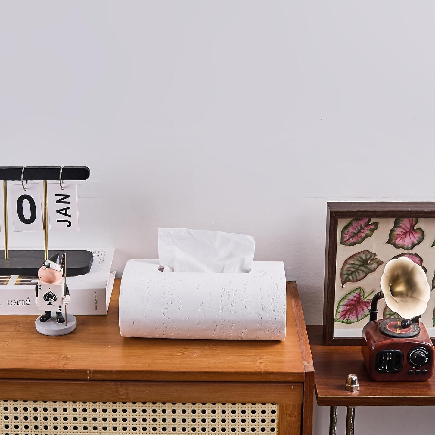 Natural Travertine Textures Tissue Box Holder Rectangle, Resin Facial Tissue Holder Cover, Decorative Bulk Tissue Paper Dispenser for Bathroom Kitchen Bedroom Living Room Office (White)