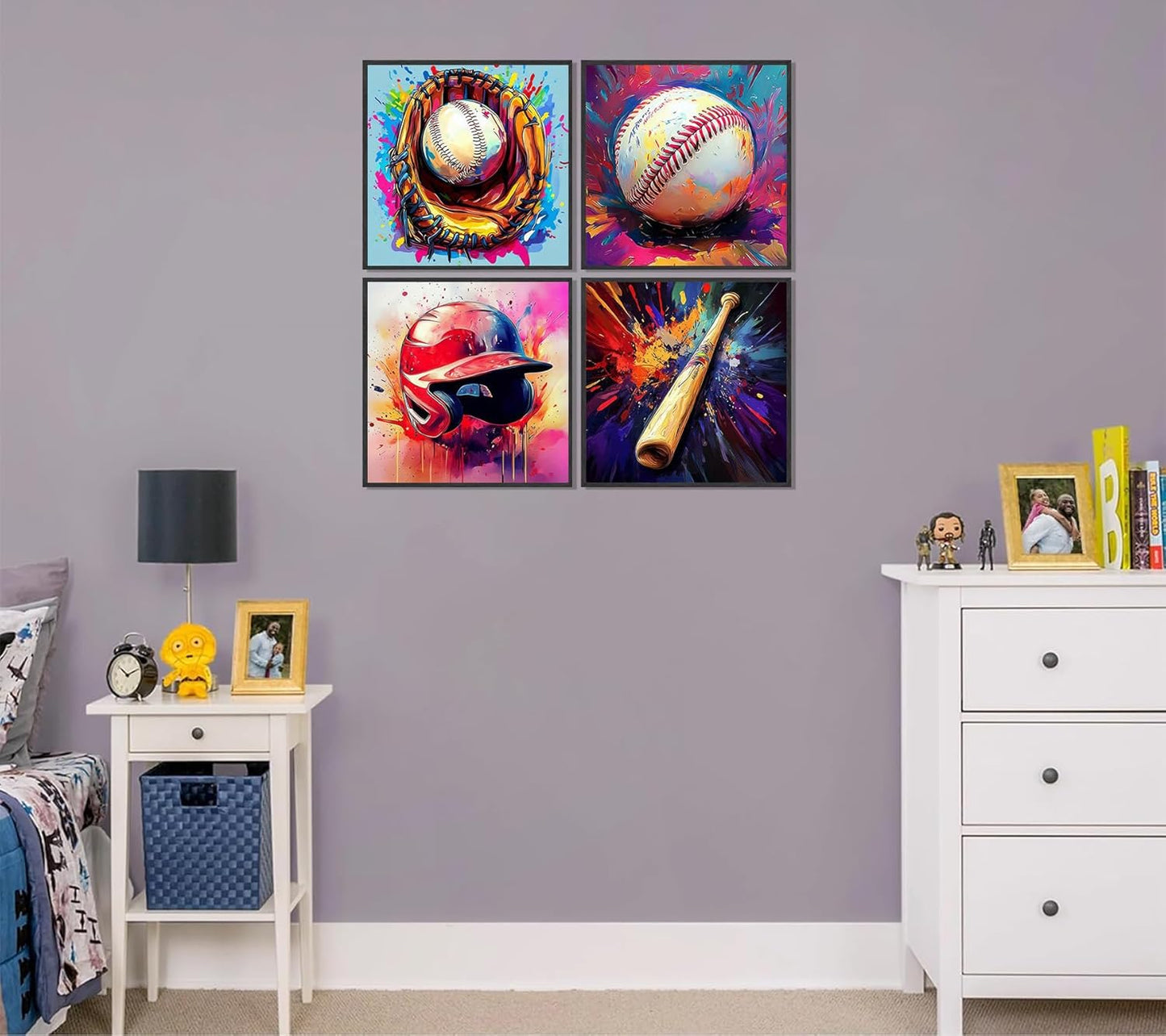 4Pcs Baseball Wall Art Boys Room Rustic Baseball American Football Painting Picture Wall Decor Modern Graffiti Poster Print Artwork for Man Cave Man Bedroom Living room Playroom Home Decoration