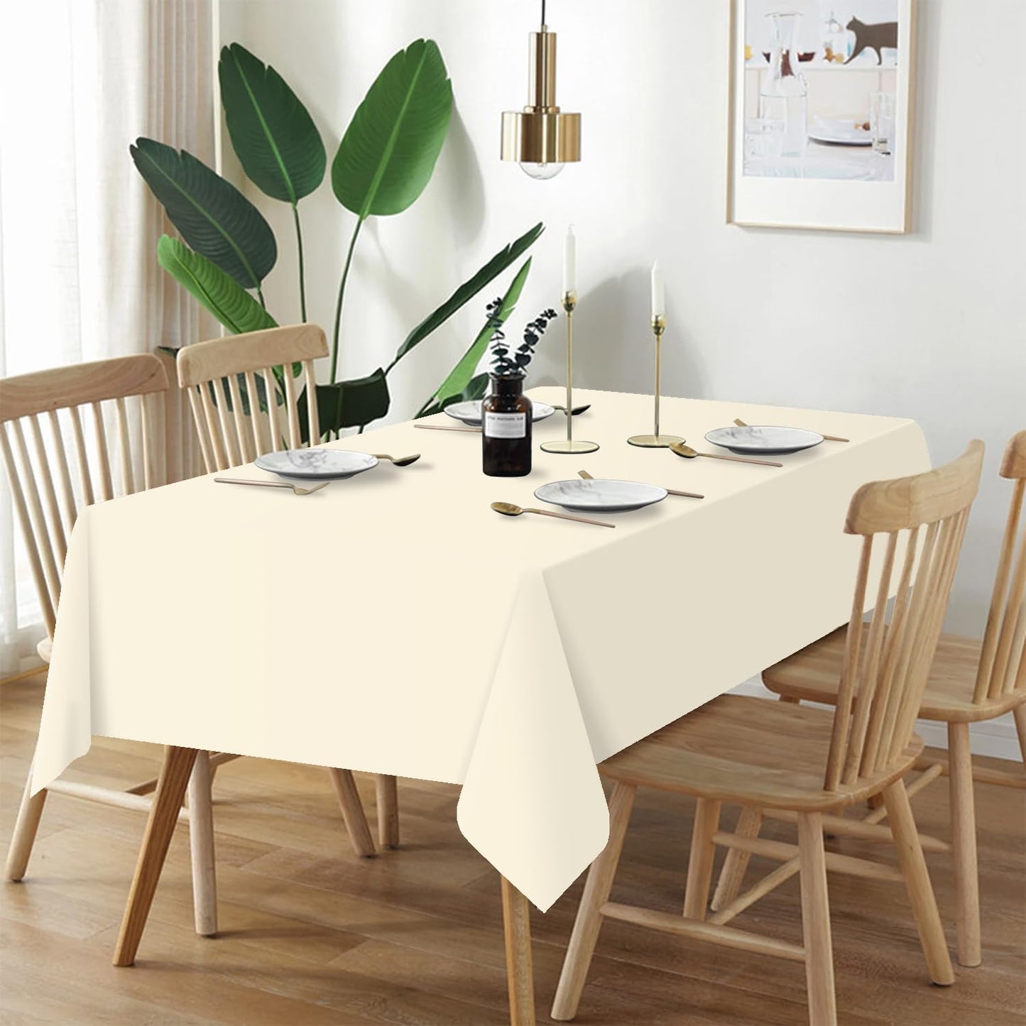 QIKSION Plastic Table Cloth Disposable 6 Pack, 54 x 108 Inch Tablecloths for Rectangle Tables, Ivory Plastic Table Cover