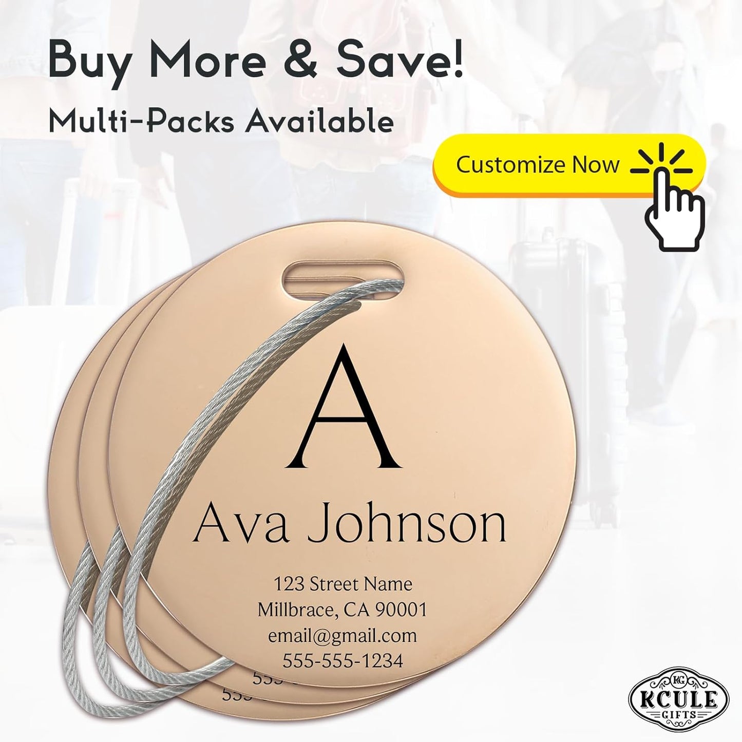 Customized Stainless Steel Luggage Tags: Personalize Your Suitcases, Backpacks, and Bags with Your Text (Rose Gold)