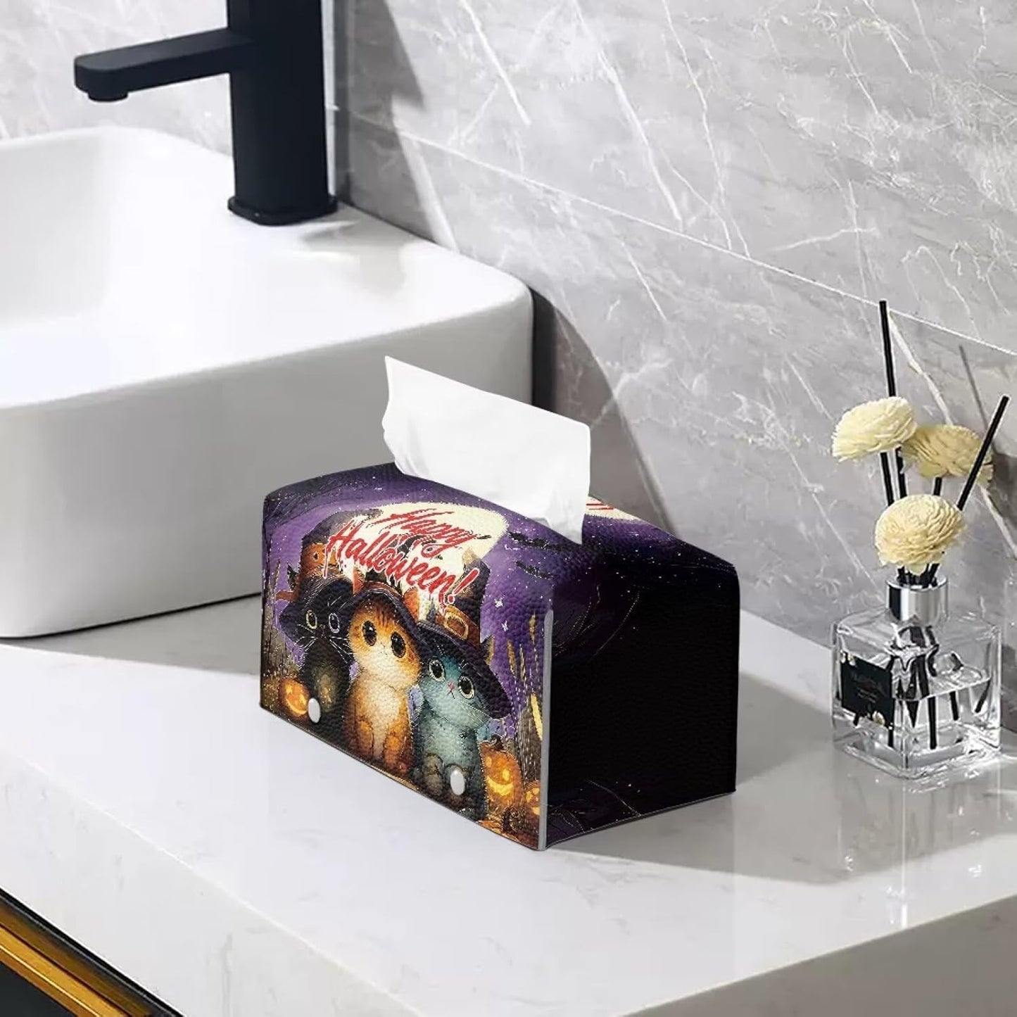 Happy Halloween Tissue Box Cover Holiday Home Decor Cute Cat Tissue Box Holder Modern Home Decor Facial Paper Organizer Holder for Office Bedroom Car Bathroom