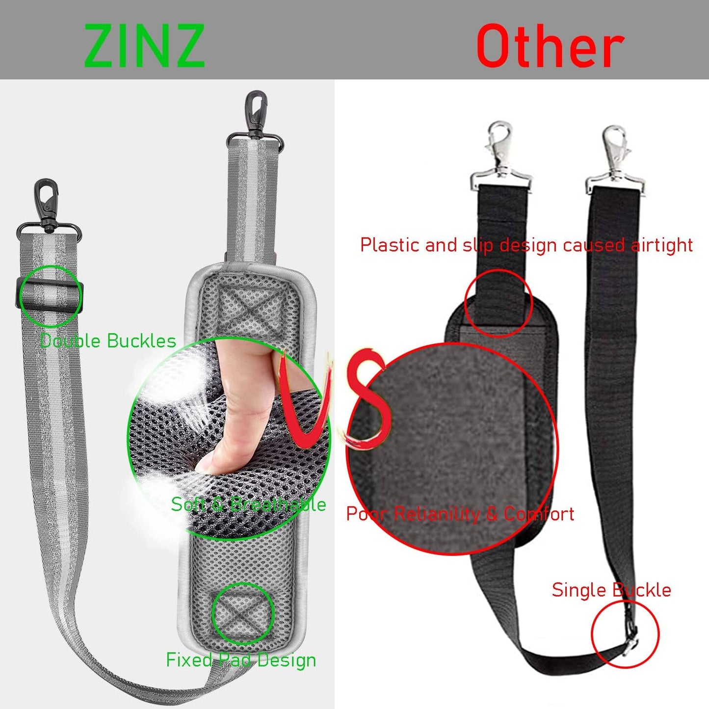 ZINZ 77 Inch Shoulder Strap Univesal Bag Strap with Fixed Pad Ultra Thick Plus Long & Breathable Cushion, Replacement Strap for Bags,Gray Silver