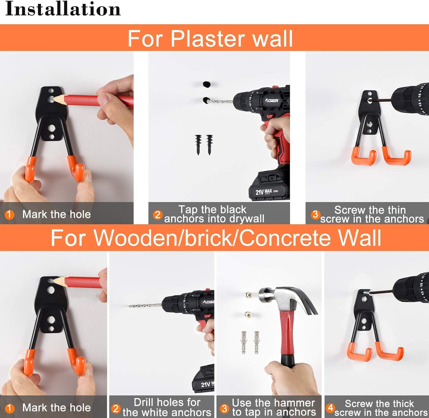 Aoben Heavy Duty Steel Garage Storage Hooks - Utility Tool Hangers and Combinable Wall Mount Hooks for Organizing Ladder, Hold Chairs, Heavy Tools (Small U, 10 Pack)