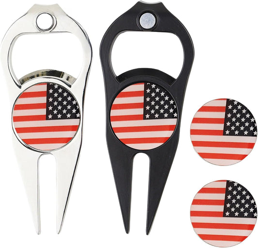 2 Pcs Golf Divot Repair Tool Divot Tool and Ball Marker, Gift Ideas Golf Multitool for Men Golfers (Flag)