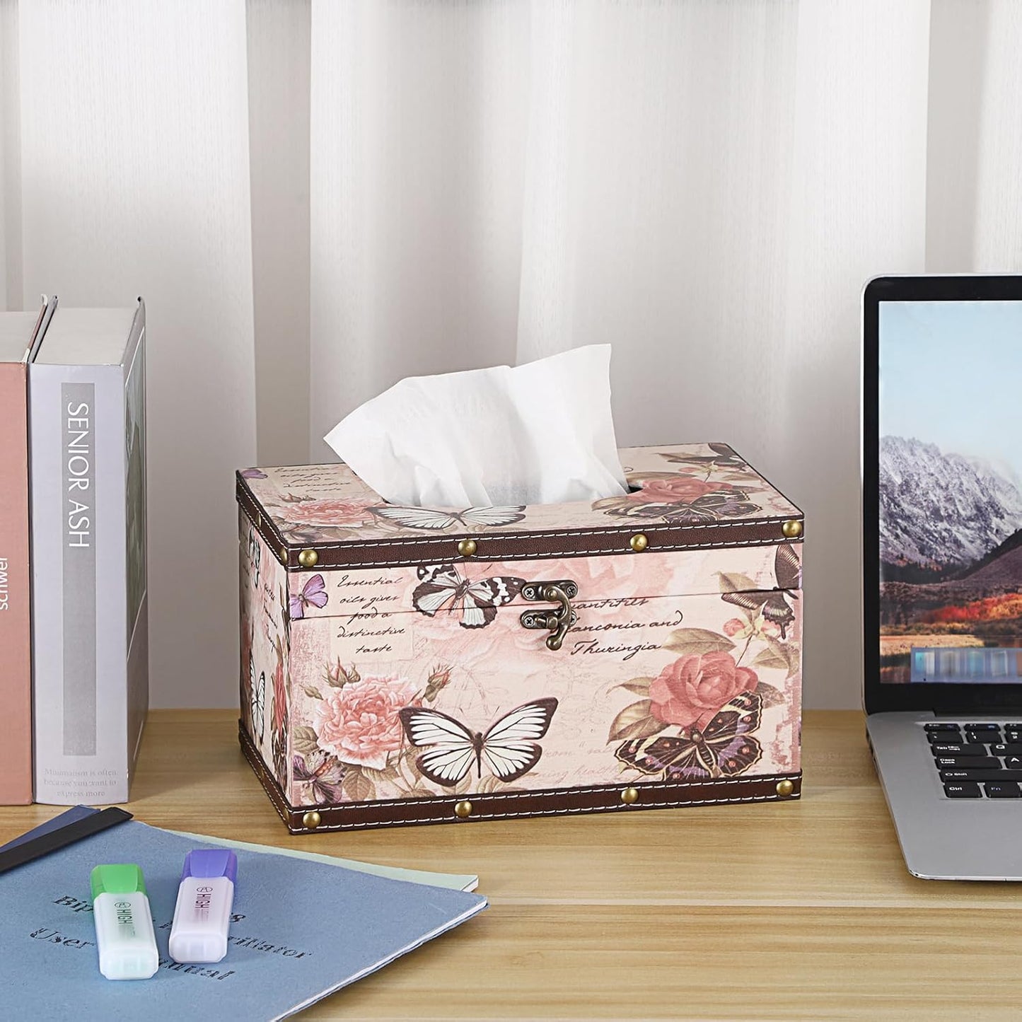 Sumnacon Tissue Box Cover Rectangle Wood Tissue Box with Hinged Lid,Vintage PU Tissue Box Holder Retro Pink Tissue Cover for Bathroom Toilet Bedroom Kitchen Office Table Desk, Large