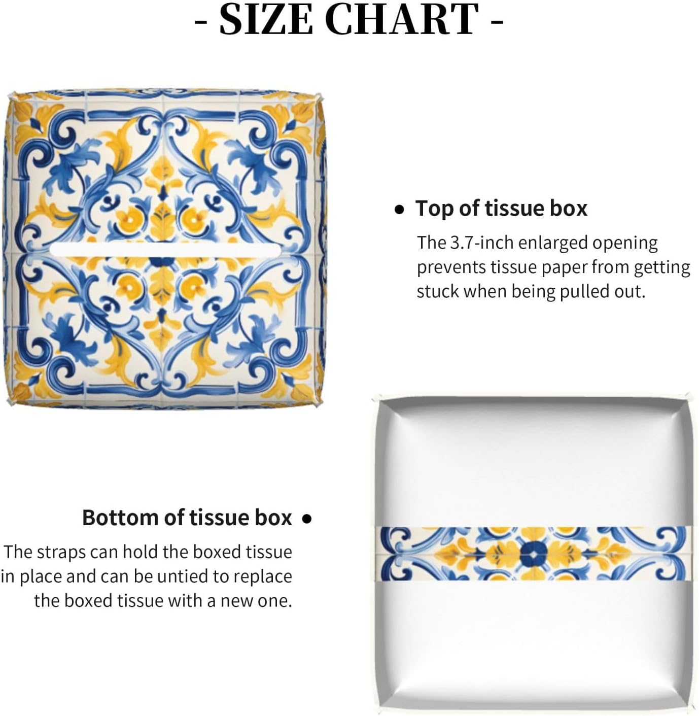 Tissue Box Cover Yellow Blue Ornament Tiles Square PU Leather Tissue Box Holder for Car Bathroom Bedroom Desk Tabletop Decor