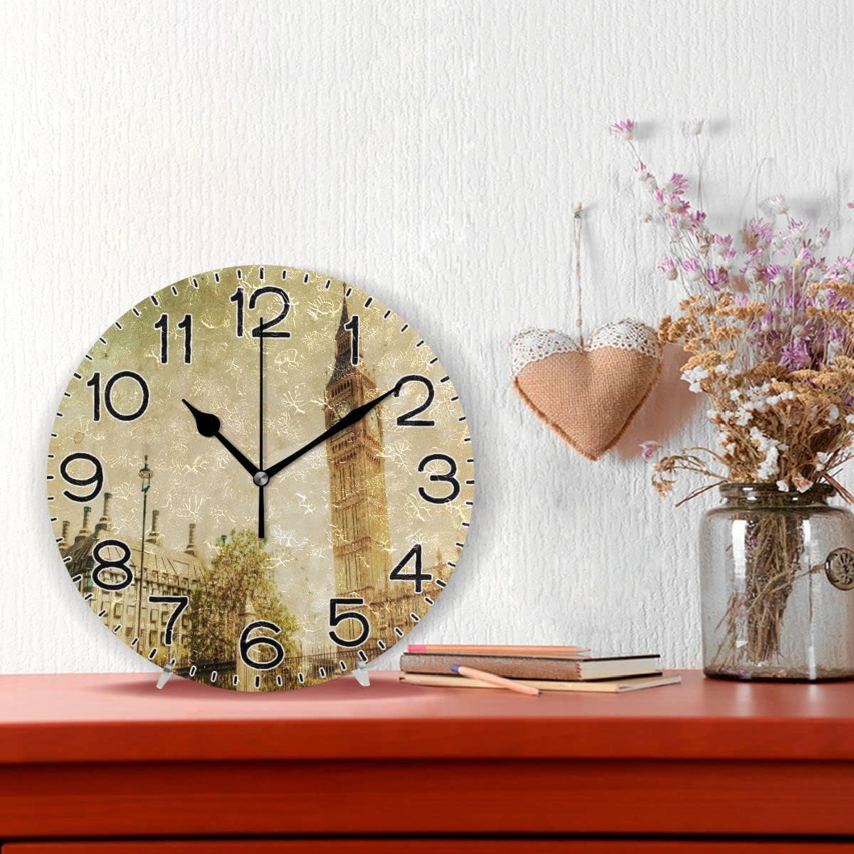 Vintage London with Big Ben Wall Clock Battery Operated Non Ticking Silent Quartz Analog Rustic Farmhouse Round Clock Retro Decor for Home Kitchen Living Room Bathroom