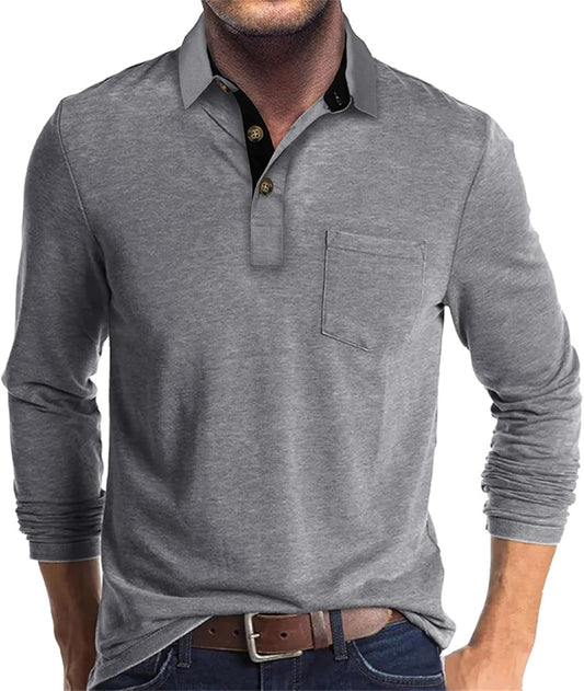 Mens Long Sleeve Polo Shirts Casual Moisture Wicking Golf Polo Shirts with Pocket