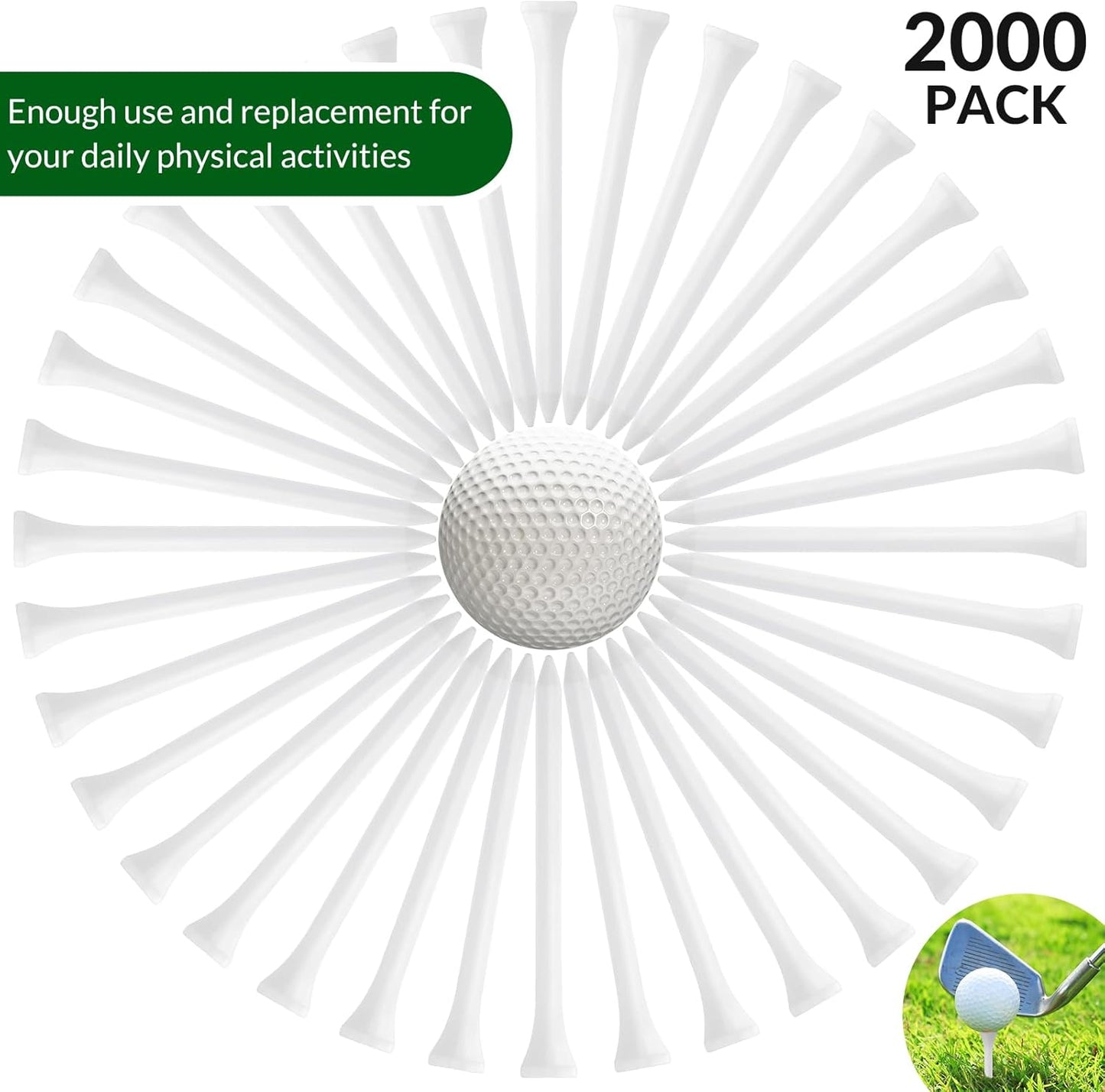 Mudder 2000 Pcs Bamboo Golf Tees Bulk Professional Golf Tees Reduce Friction Side Spin for Club Men Women Kids Accessories