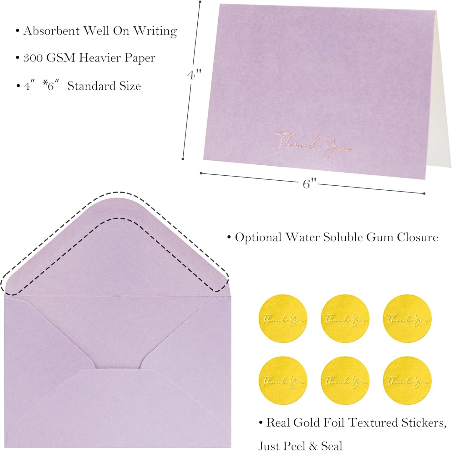 Crisky Purple Thank You Cards with Envelopes & Stickers， 50 Pack Lavender Bridal Shower Graduation Thank You Cards Small Business, Wedding Baby Shower Birthday Funeral Notes Bulk