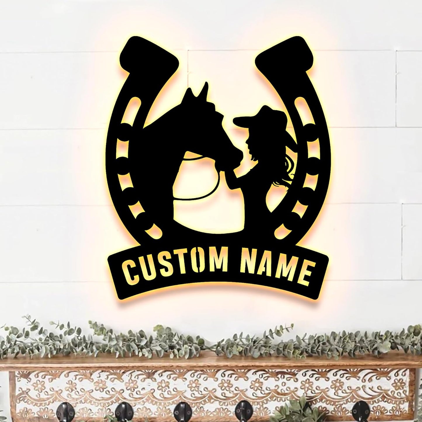 Custom Girl Kissing Horse Metal Wall Art With LED Light, Personalized Cowgirl Name Sign, Outside Wall Hanging, Home Decor, Birthday Gift, Christmas Gift