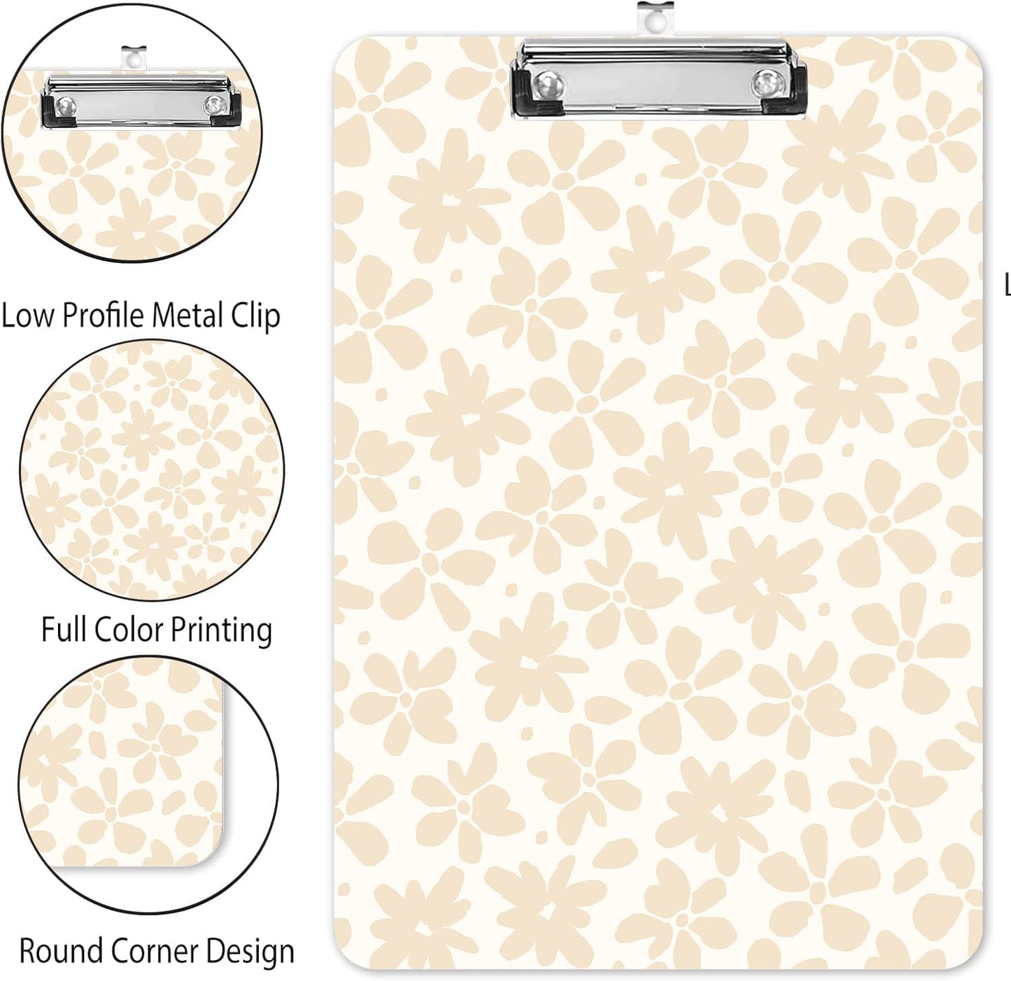 Fashion A4 Clipboard, Standard Letter Size 9" x 12.5", Decorative Wooden Clipboard with Low Profile Metal Clip for Office, School, Teachers, and Students, Beige Flower