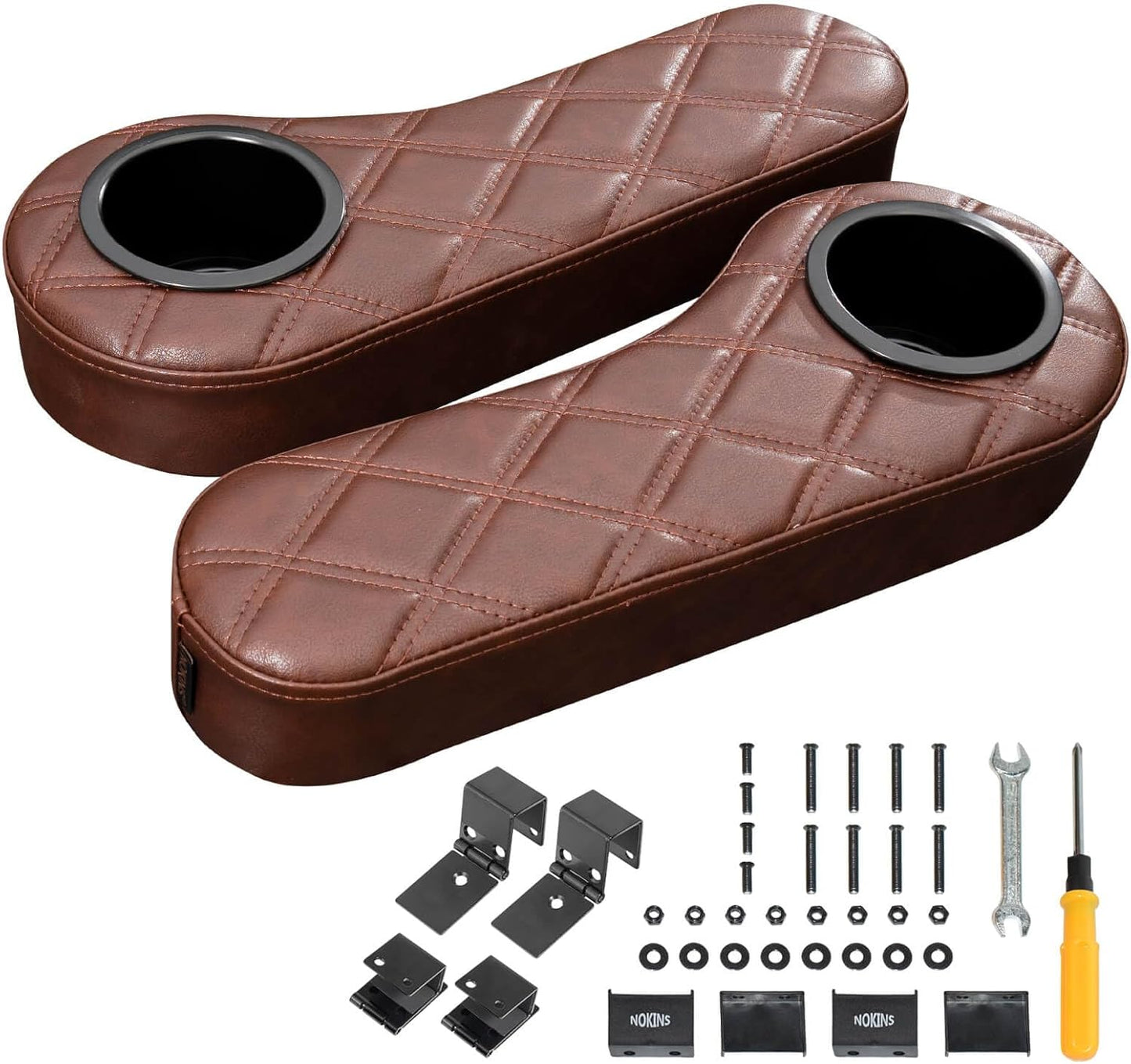 NOKINS Golf Cart Armrest with Cup Holder for EZGO/Club Car/Yamaha, No Drilling Required, Golf Cart Flip Hinged Armrest for Rear Seat with 1 inch Square Tube Frame (Brown&Brown 8438)