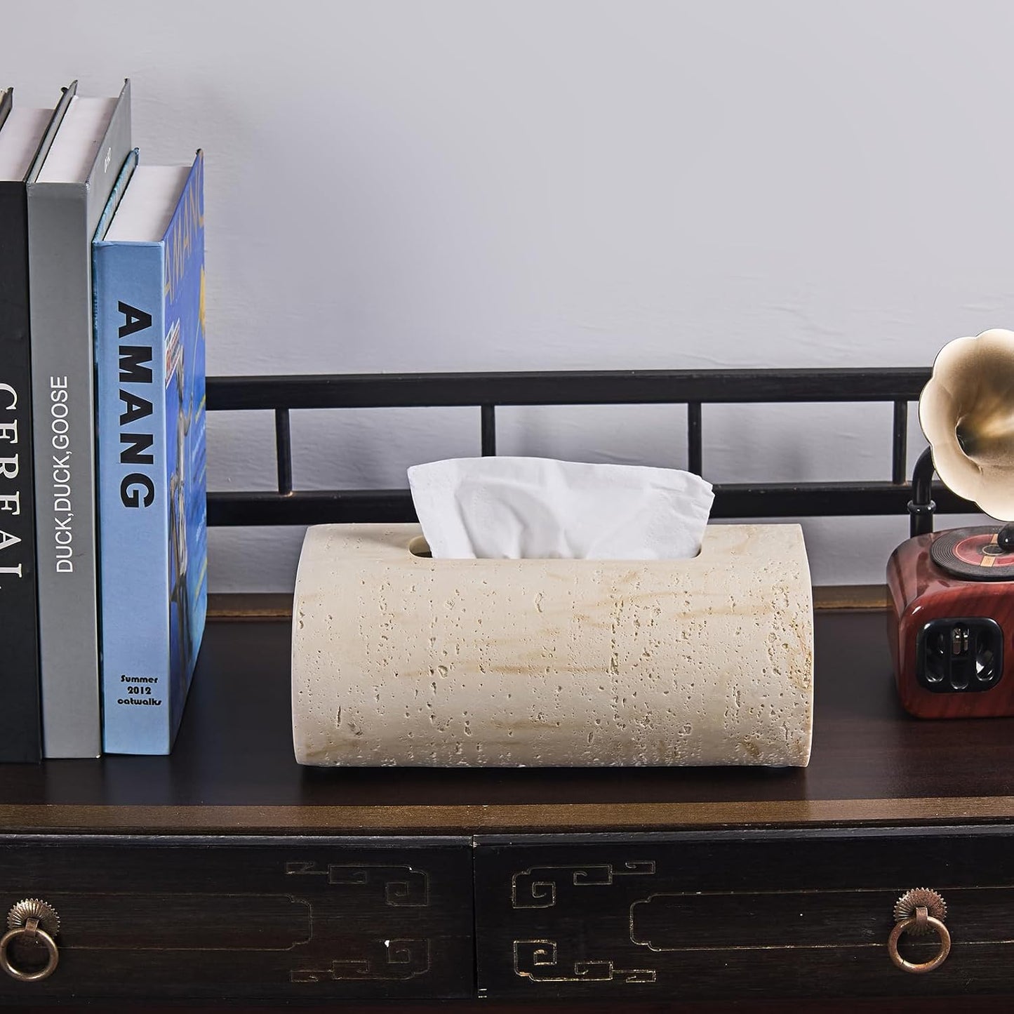 Natural Travertine Textures Tissue Box Holder Rectangle, Resin Facial Tissue Holder Cover, Decorative Bulk Tissue Paper Dispenser for Bathroom Kitchen Bedroom Living Room Office (Beige)