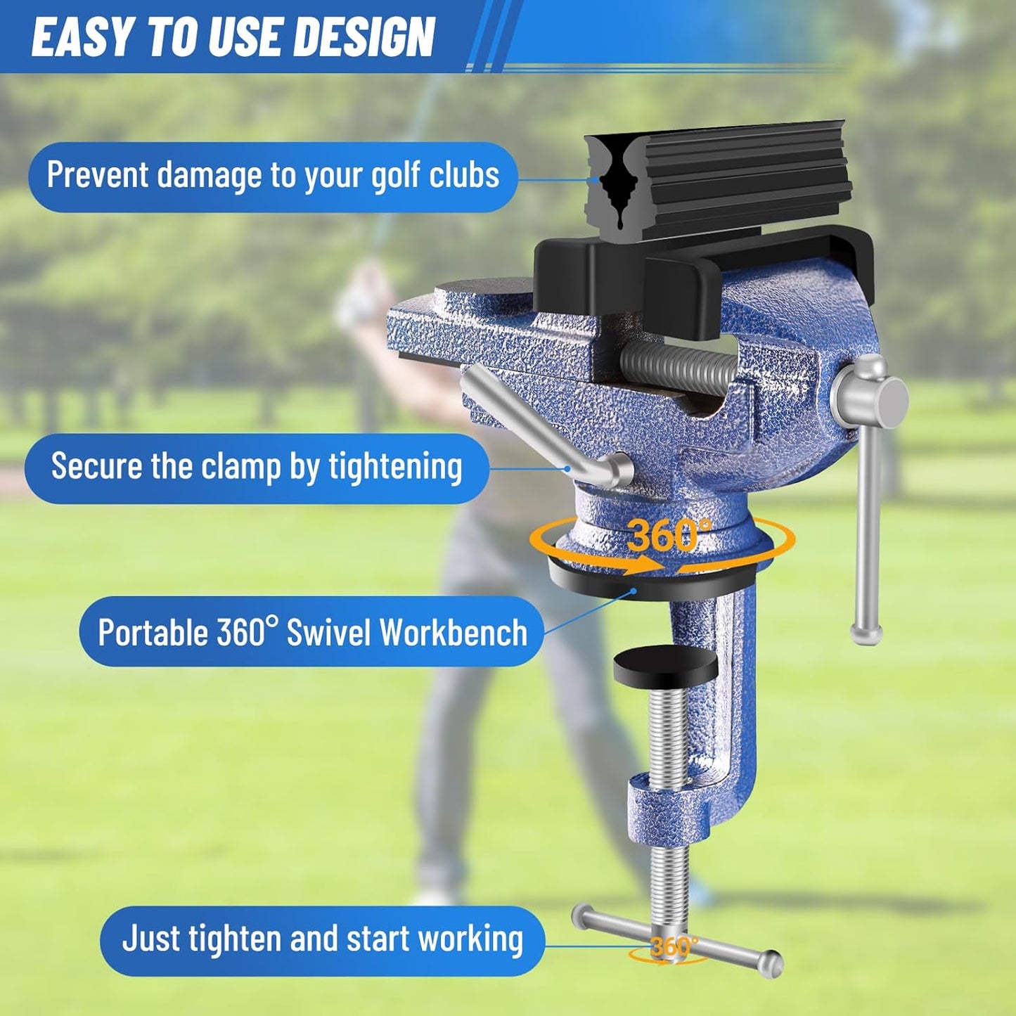 Golf Club Vise for Regripping – Portable Golf Club Regripping Kit, Golf Grip Kit with Rubber Clamp, Tapes, Hook Knife, Gloves & Storage Case