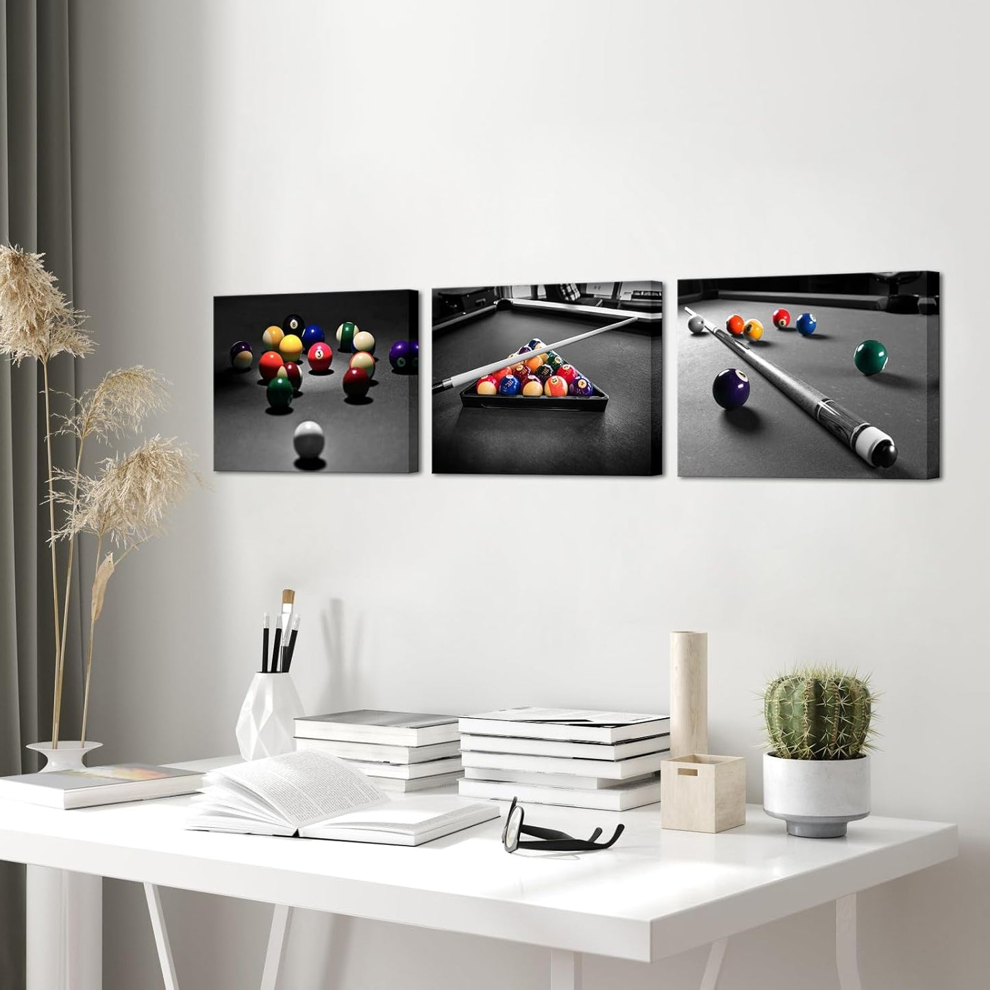 Apicoture Billiards Art Picture Wall Decor - Black And White Billiard Balls Pool Table Room Wall Decor Billiards Poster Prints Framed For Mens Berdroom Office Room Wall Art Ready To Hang (12"x16"x3Panels)