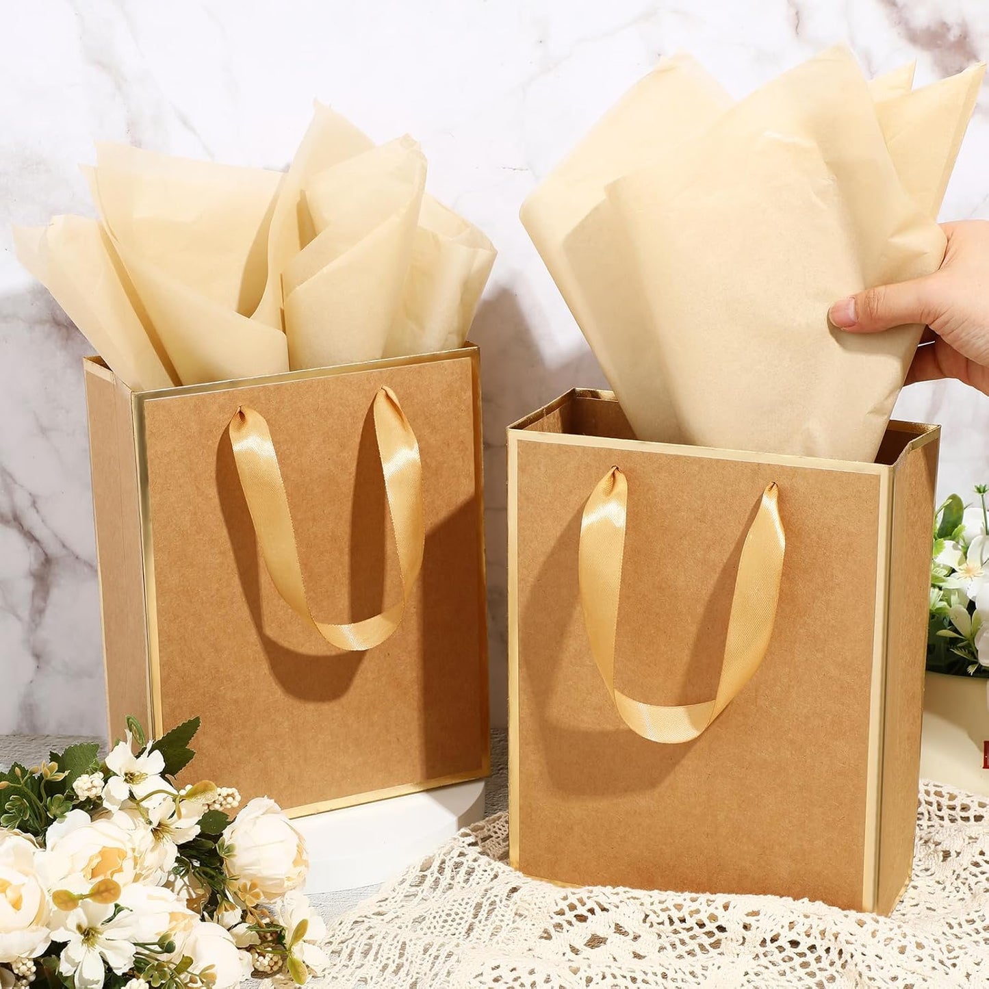 Yeaqee 24 Pack Metallic Paper Gift Bags with Handle and Tissue 9x7x3.1 Gold Foil Welcome Favor Bags Return Gifts for Wedding Fall 5 Senses Christmas Bridesmaid Birthday(Kraft, Gold)