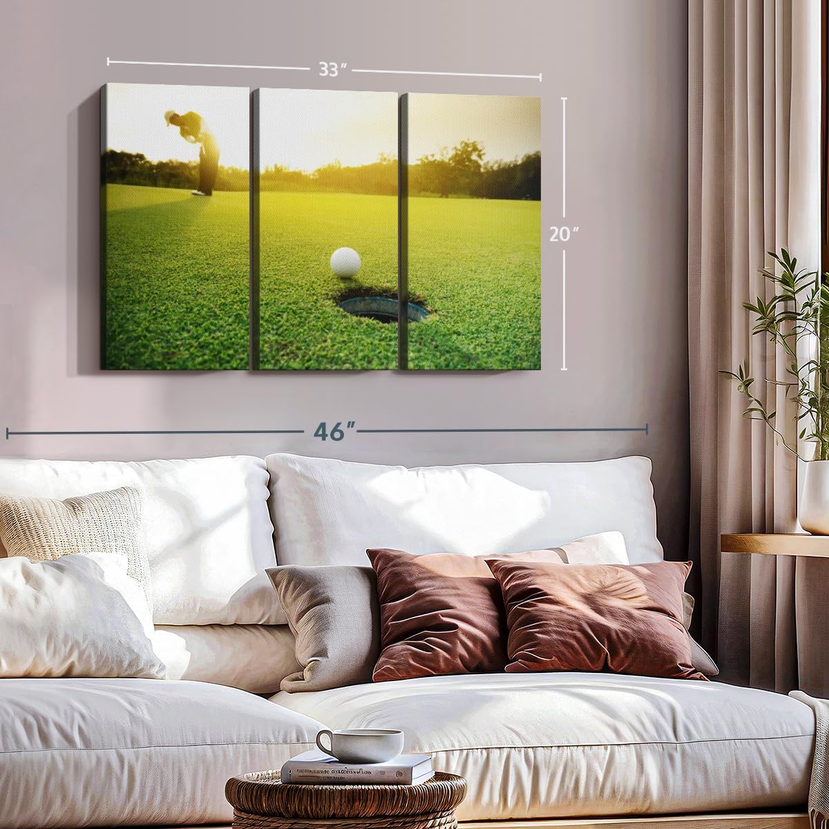 ElephantStock Golf Ball Strike Wall Art - Horizontal Canvas - 3-Piece Living Room Wall Decor - Photography Sports Canvas Print - Green and White Decor for Wall - 33" X 20"