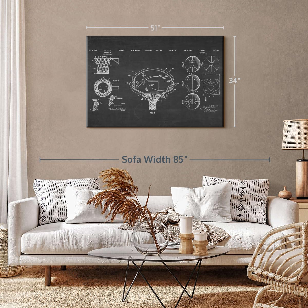 ElephantStock Basketball Patents Canvas - 1 Panel Sports Patent Wall Art Decor - Sports Decorations for Boys Room - Wall Art and Office Decor - 51" X 34"