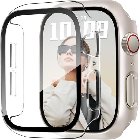 JR.DM 44mm 2 Pack Hard PC Case with HD Tempered Glass Screen Protector for Apple Watch Series 6/5/4/SE/SE2/SE3, Guard Bumper Full Protective Anti-Scratch Face Cover for iWatch, Starlight+ Clear