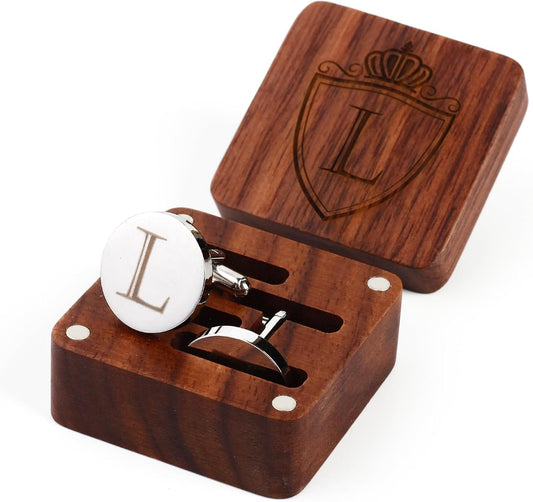 Mens Initial Silver Cufflinks A-Z Alphabet Letter Steel Cuff Links with Engraved Walnut Wood Box Groom Groomsman Wedding Set…