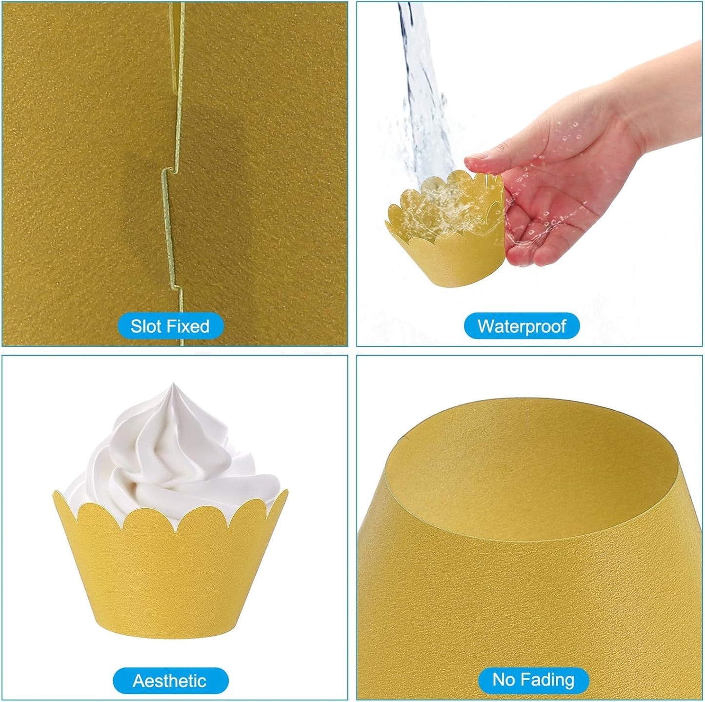 PATIKIL Cupcake Wrappers Paper, 50 Pack Baking Cups Standard Wave Decoration for Anniversary Birthday Weddings and Parties, Gold