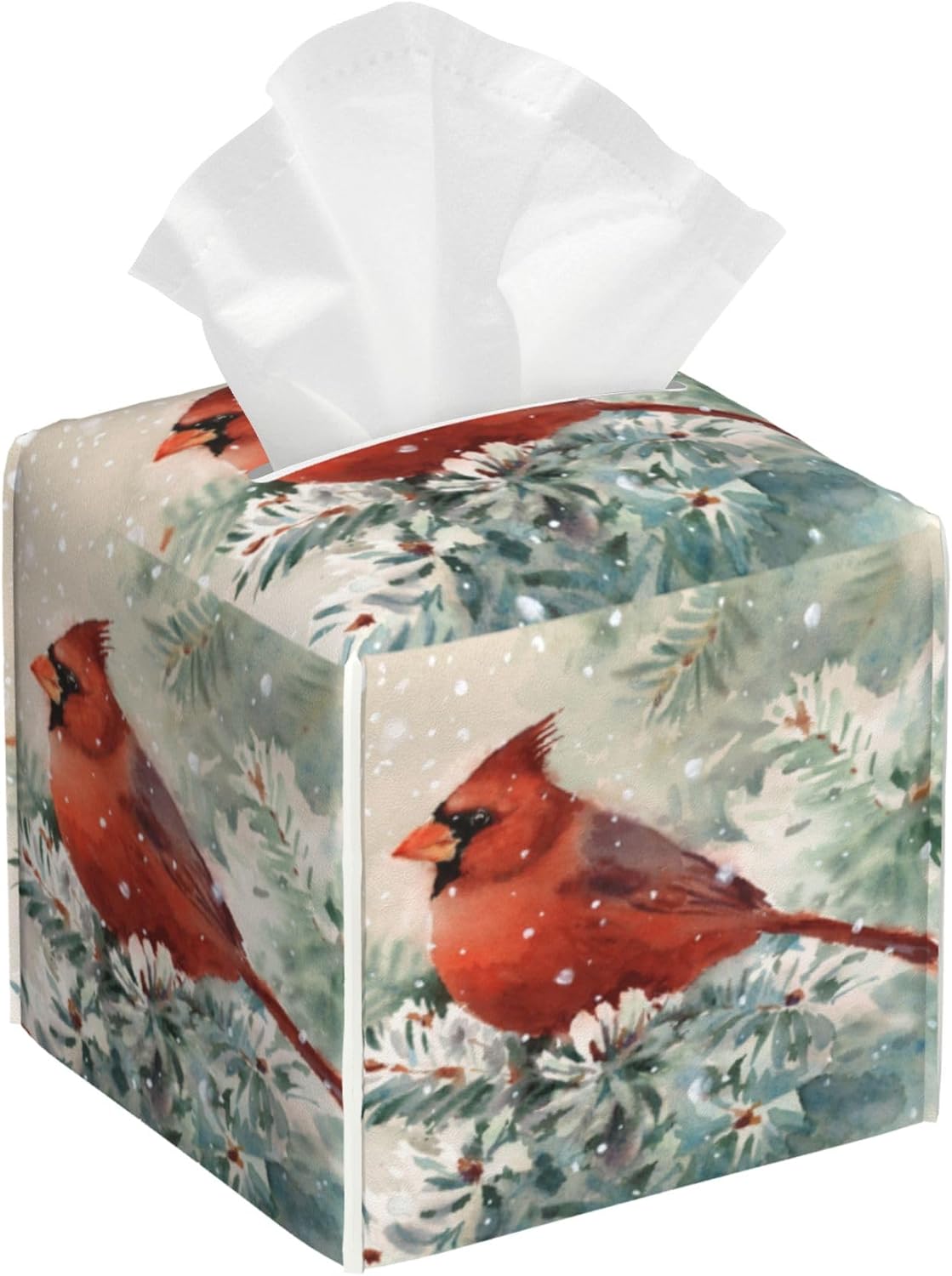 Tissue Box Cover, Winter Christmas Cardinal Bird Pu Leather Square Tissue Box Cover Case Organizer Cube Box Holder for Bathroom Vanity Countertop, Night Stands, Office Desk & Car 5.2X5.2X5.2''