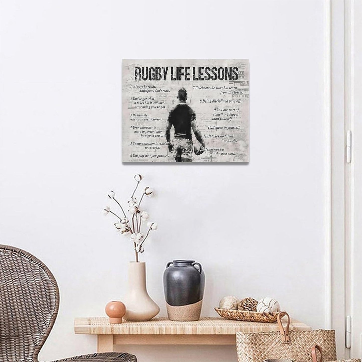 Rugby Life Lessons Wall Art Rugby Sports Wall Decor Rugby Sign Retro Poster Boy Men Motivational Decorations Canvas Print Painting Artwork for Bedroom Bathroom Living Room Gym 20"x16"